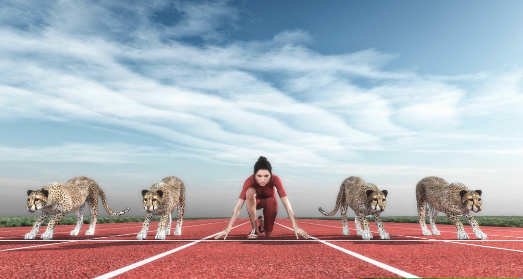 Athletic woman competes with cheetahs on track starting to run. This is a 3d render illustration